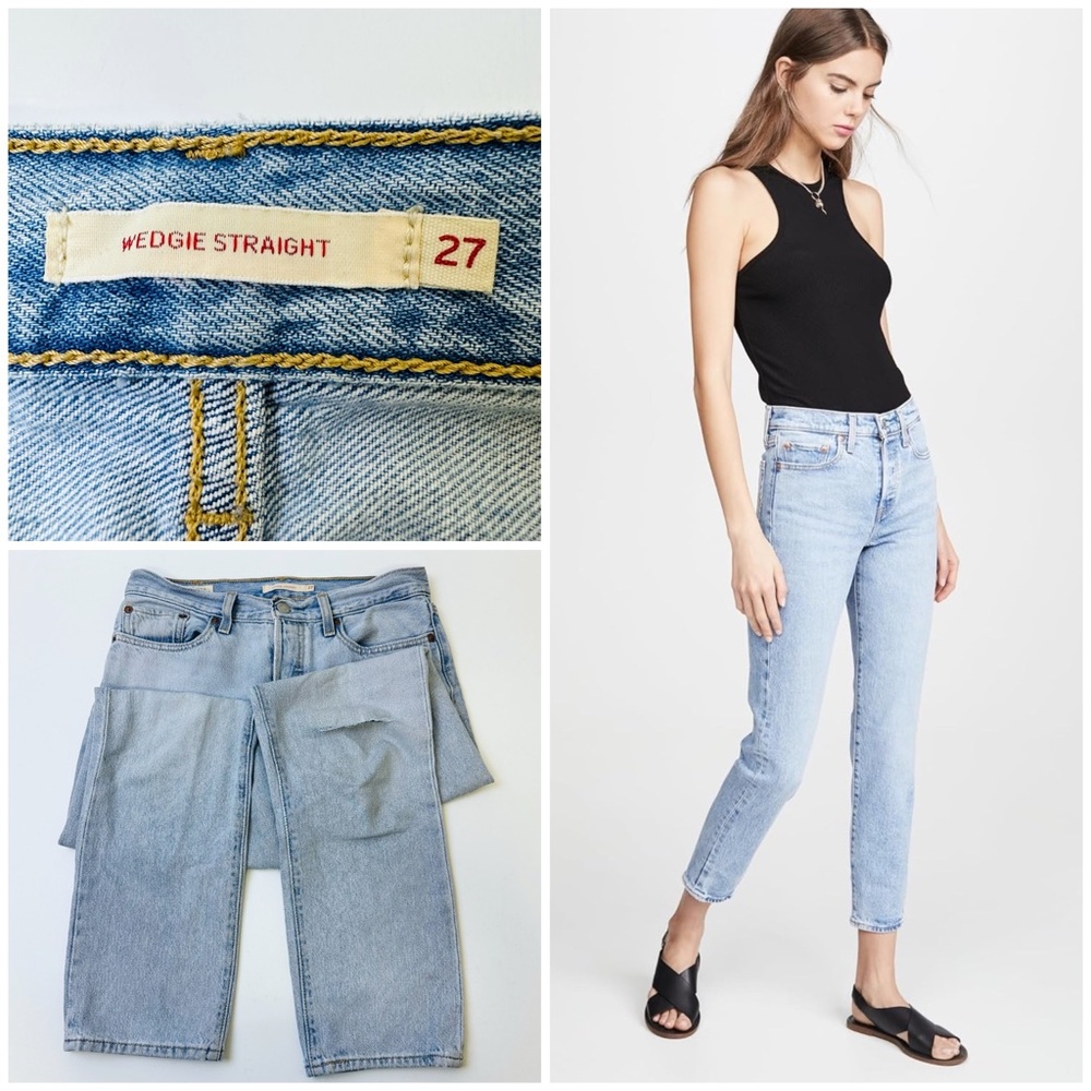 Levi's Premium Wedgie Straight Fit Ripped Knees Button Fly Jeans Light Wash Blue
